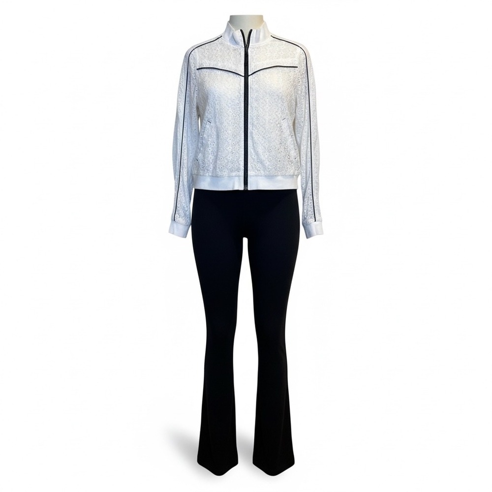 Free People Movement White Eyelet Lace Zip Up‎ Track Jacket Navy Trim Small
